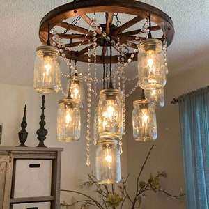 Wagon Wheel Chandelier with Mason Jar Lights