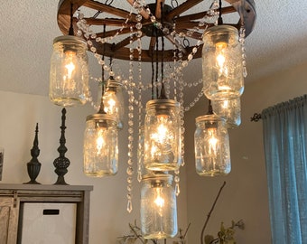 Wagon Wheel Chandelier with Mason Jar Lights