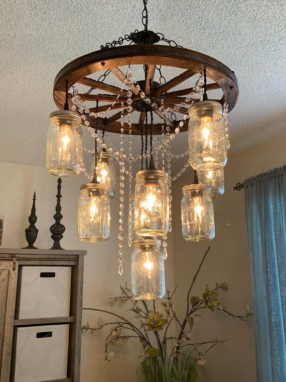 Wagon Wheel Chandelier with Mason Jar Lights