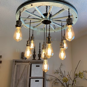 Blue Wagon Wheel Chandelier with Vintage Bulb Holders