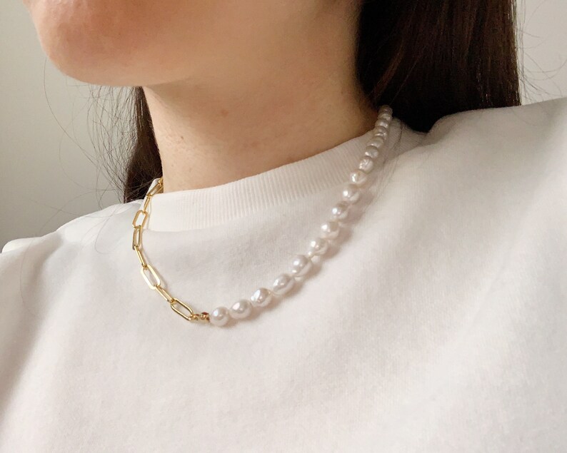 14k Gold Filled Paperclip Chain With Freshwater Pearls Pearl Etsy