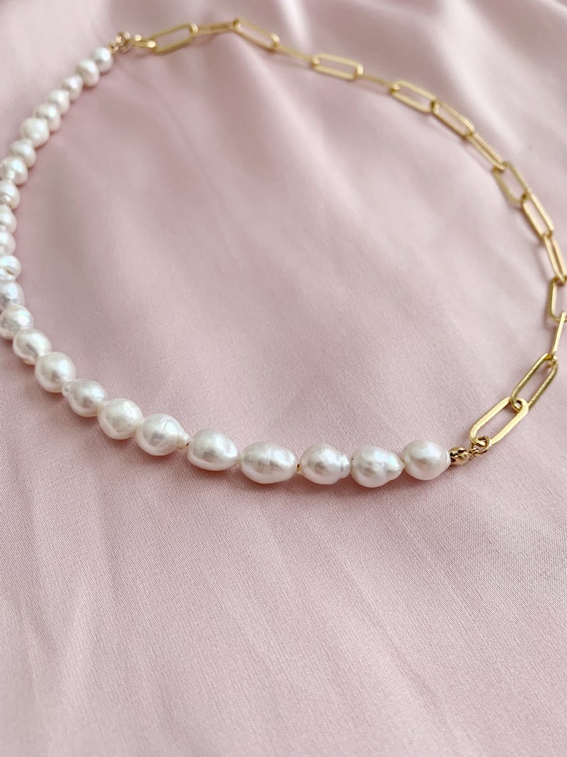 14k Gold Filled Paperclip Chain With Freshwater Pearls Pearl Etsy