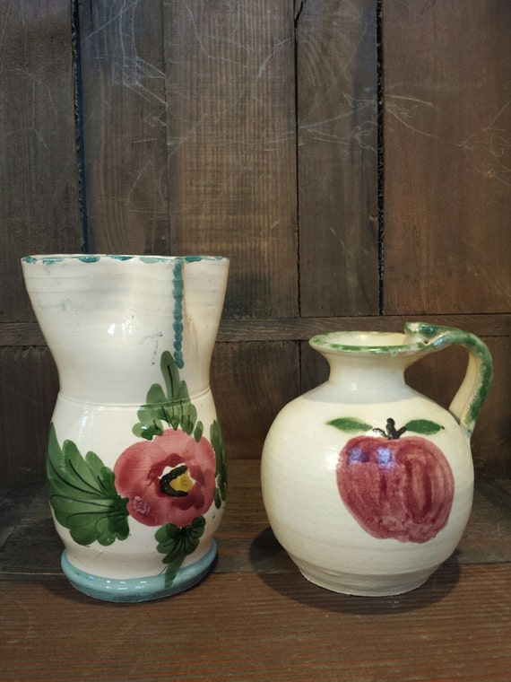 2 Vintage Rustic Pottery Vases And Pitcher Shabby Cottage Etsy