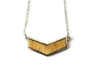 Geometric wood stainless steel necklace