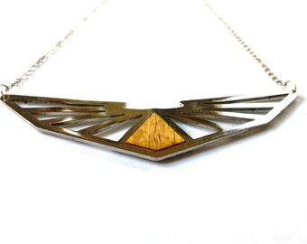 Geometric wood stainless steel necklace