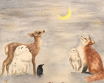 All is Calm - Original Watercolor Painting - Fawn, Fox, Owls, Raven, Hummingbird