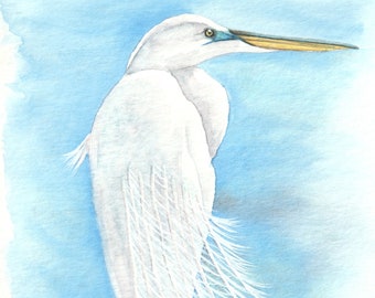 Graceful Solitude: White Egret - Fine Art Print - Coastal Bird Watercolor