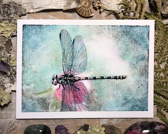 Dragonfly with Pink Rose - Fine Art Print - Dragonfly Watercolor Print