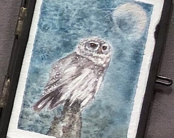 Moonlight Owl- Original Watercolor - Mini Painting, Heirloom Ornament, Framed Small Watercolor Owl