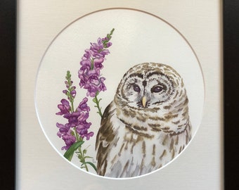 Barred Owl With Snapdragons - Original Watercolor - Owl with Purple Flowers, Barred Owl Painting