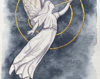 Angel - Original Watercolor - Angel with Trumpet, Heavenly Figure, Golden Halo, Framed Christmas Angel Painting