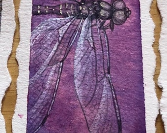 Purple Dragonfly - Original Watercolor - Mini Painting, Heirloom Ornament, Framed Small Watercolor Dragonfly