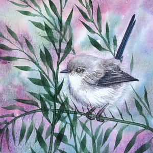 Fairy Wren in the Garden - Watercolor Painting - Botanical Bird Art