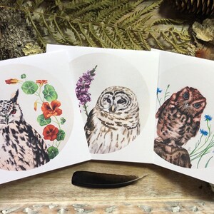 Cartes de correspondance fleurs hiboux - Lot de 6 - Cartes de voeux vierges