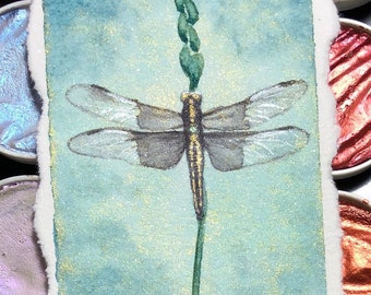 Dragonfly - Original Watercolor - Mini Painting, Heirloom Ornament, Framed Small Watercolor Dragonfly