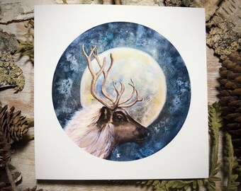 Midnight Reindeer - Watercolor Print Deer and Moon Art, Lapland Reindeer, Winter Wildlife Print