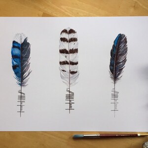 Feather Poster Breathe: Feathers with Ogham Writing Análaigh Celtic Wall Hanging Blue Jay, Snowy Owl, Raven image 1