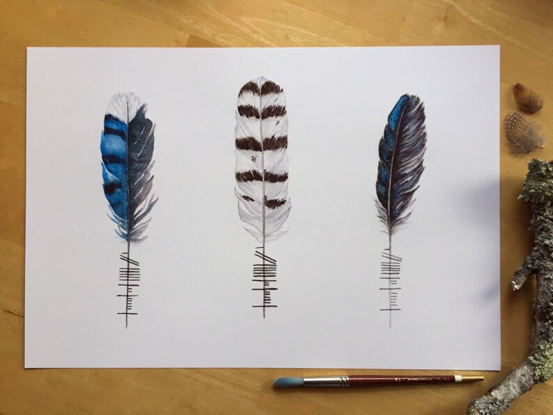 Feather Poster Breathe: Feathers with Ogham Writing Análaigh Celtic Wall Hanging Blue Jay, Snowy Owl, Raven image 1