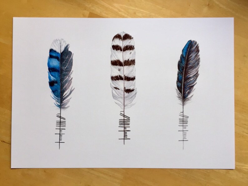 Feather Poster Breathe: Feathers with Ogham Writing Análaigh Celtic Wall Hanging Blue Jay, Snowy Owl, Raven image 4