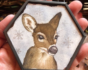 Winter Deer - Original Watercolor - Mini Painting, Heirloom Ornament, Framed Small Watercolor Deer