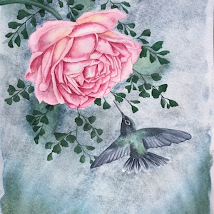 Hummingbird and Rose Watercolor Painting - 11 x 14 - Nature Inspired Art
