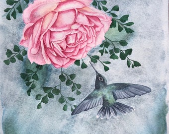 Enchanting Hummingbird and Rose Watercolor Painting - 11 x 14 - Nature Inspired Art