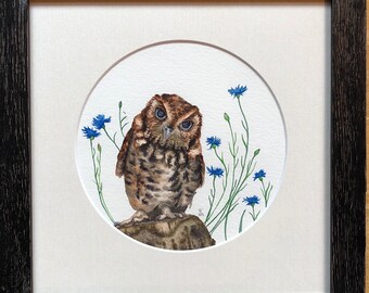 Screech Owl with Blue Cornflowers - Original Watercolor - Owl Painting