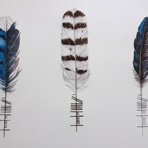 Feather Poster Breathe: Feathers with Ogham Writing Análaigh Celtic Wall Hanging Blue Jay, Snowy Owl, Raven image 2