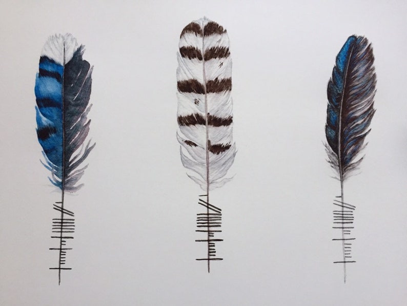 Feather Poster Breathe: Feathers with Ogham Writing Análaigh Celtic Wall Hanging Blue Jay, Snowy Owl, Raven image 2