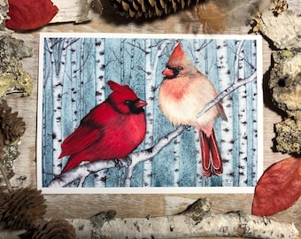Winter Cardinals Art Print: Birch Tree Forest Watercolor