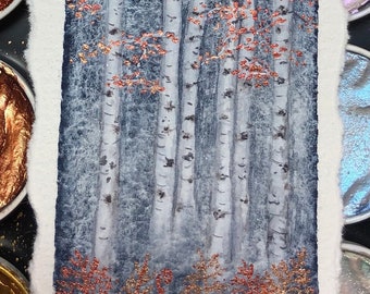 Autumn Birches - Original Watercolor - Mini Painting, Heirloom Ornament, Framed Small Watercolor Birch Trees