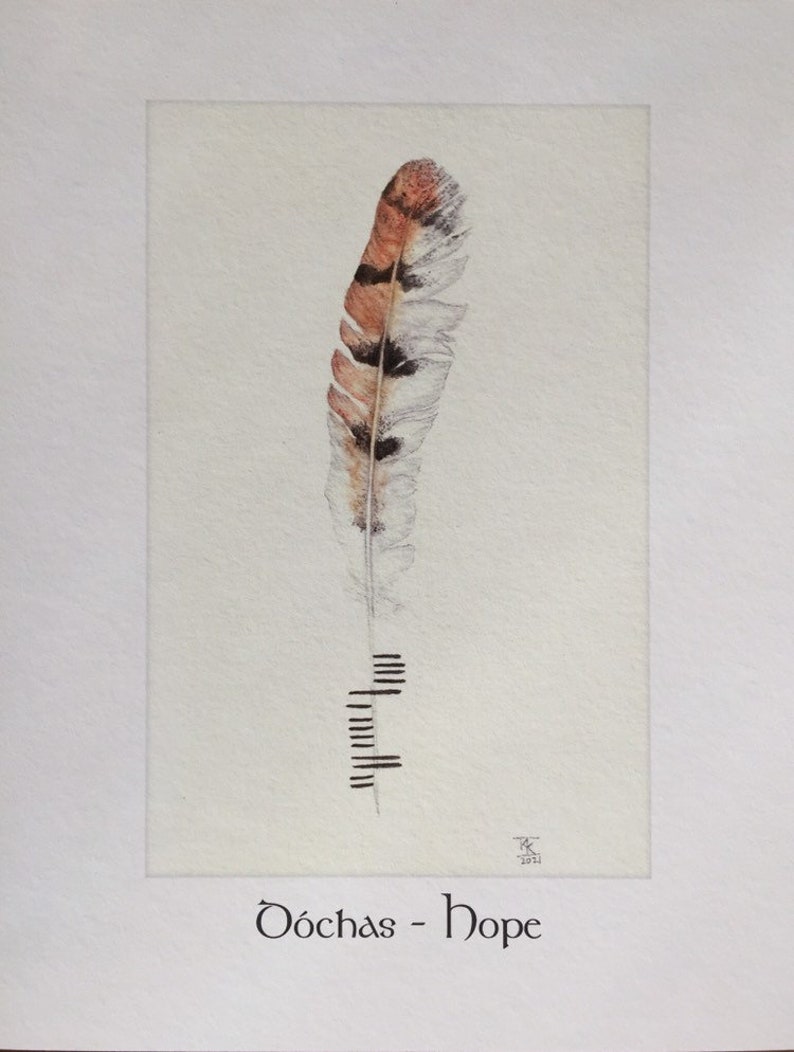 Hope Barn Owl Feather With Ogham Writing Dóchas Gaelic Etsy