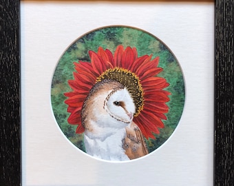 Barn Owl with Red Sunflower - Original Watercolor - Owl Painting