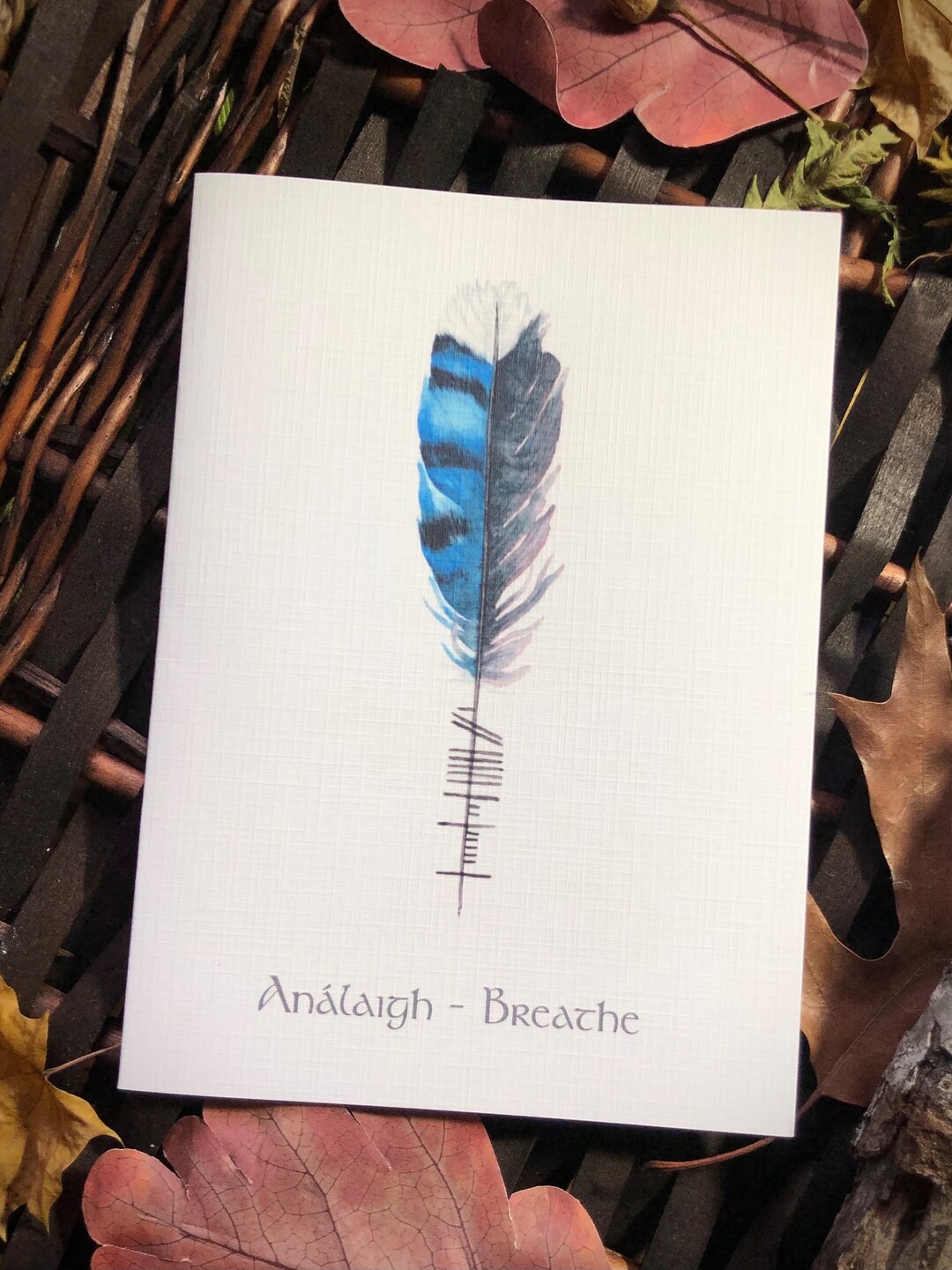 Feather Notecards With Ogham Writing Set of 6 Celtic, Gaelic, Análaigh, Breathe All Occasion