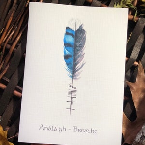 Feather Notecards mit Ogham Schriftzug - 6er Set - Keltisch, Gälisch, Análaigh, Breathe - Karten für alle Anlässe