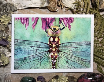 Dragonfly with Purple Flower - Fine Art Print - Dragonfly Watercolor Print