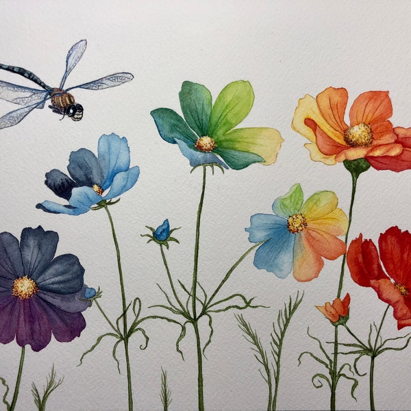 Rainbow Cosmos - Original Watercolor Painting - Dragonfly, Garden Art, Colorful Flowers