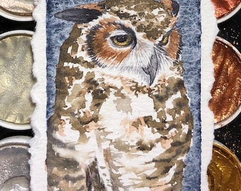 Great Horned Owl- Original Watercolor - Mini Painting, Heirloom Ornament, Framed Small Watercolor Owl