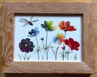 Rainbow Cosmos Framed Watercolor Print - Colorful Dragonfly Garden Gift