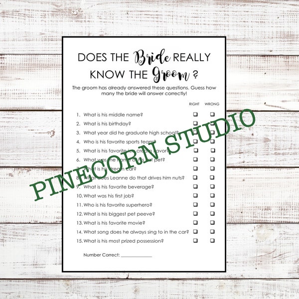 Bride Guessing Groom Response Survey - Bachlorette/Bridal Shower Party Game