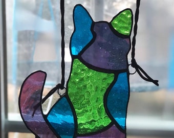 Stained Glass Suncatcher Patchwork Cat Kitty Gift For Cat Lovers Handmade Authentic