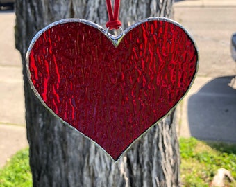 Stained Glass Heart Suncatcher Handmade Valentines Day Love Gift Deep Red  Color
