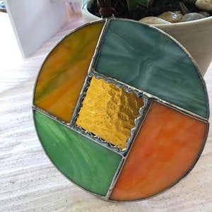 Geometric Circle Stained Glass Suncatcher, Orange and Blue Art Deco Window Hanging, Modern Home Decor