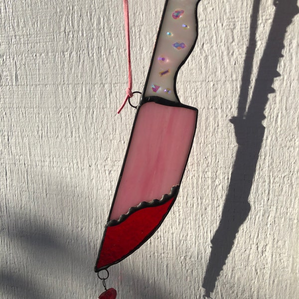Bloody Knife Stained Glass Suncatcher Cute Pink Gift for Horror Fans Goth Valentines Day