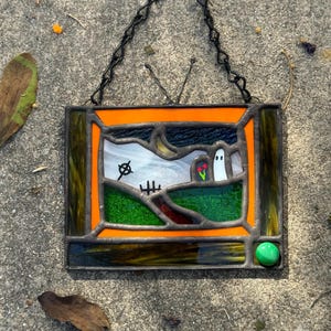 Stained Glass TV Suncatcher Graveyard Ghost Gift for Halloween Horror Fans