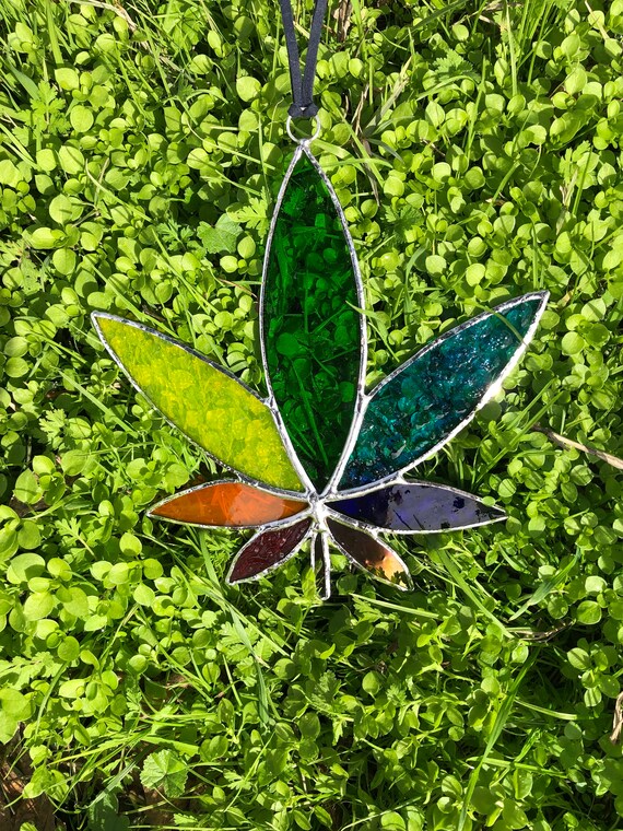 Rainbow Weed Leaf Stained Glass Suncatcher, Cannabis Decor, Stoner Rainbow Weed Leaf Stained Glass Suncatcher, Cannabis Decor, Stoner