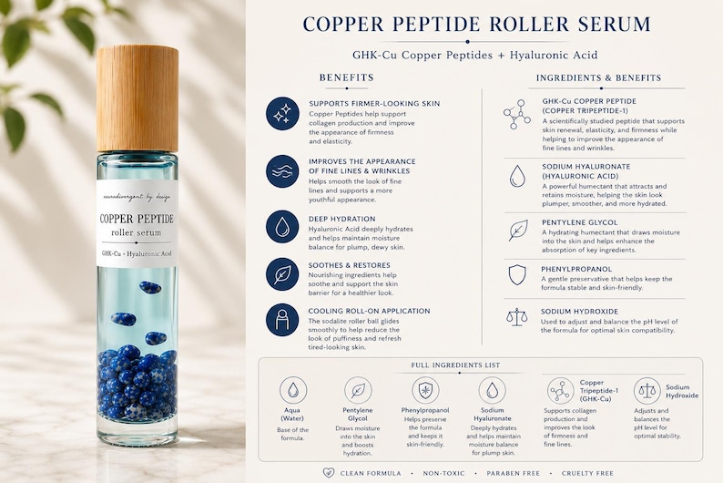 May include: A clear glass roller serum bottle with a bamboo cap, containing blue liquid and blue stones. Next to it is an informational chart titled Copper Peptide Roller Serum, detailing GHK-Cu Copper Peptides and Hyaluronic Acid benefits.
