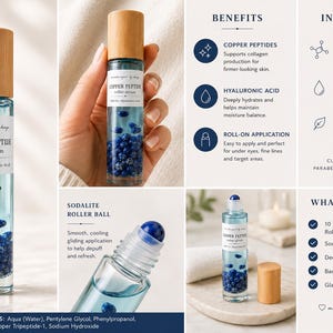 May include: A clear glass roller bottle containing blue liquid and small blue sodalite stones, topped with a light wood bamboo cap. The label reads Copper Peptide Roller Serum. The set includes a sodalite roller ball and 10 ml of serum.
