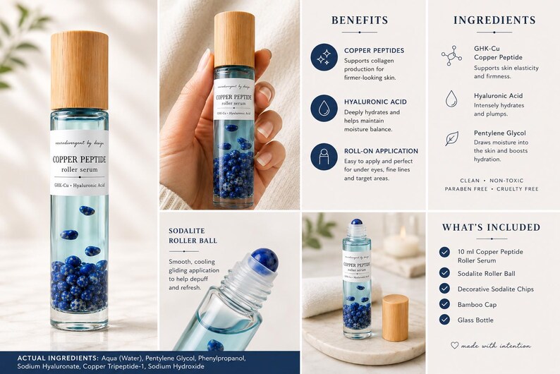 May include: A clear glass roller bottle containing blue liquid and small blue sodalite stones, topped with a light wood bamboo cap. The label reads Copper Peptide Roller Serum. The set includes a sodalite roller ball and 10 ml of serum.