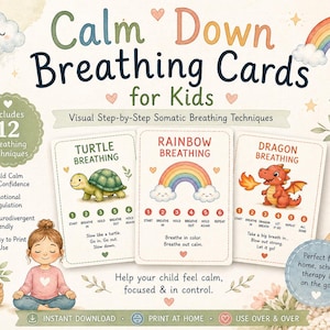 Könnte beinhalten: Ein Set "Calm Down Breathing Cards for Kids" mit visuellen Schritt-für-Schritt-Anleitungen für somatische Atemtechniken. Die Karten zeigen Illustrationen einer Schildkröte, eines Regenbogens und eines Drachen. Die Karten enthalten 12 Atemtechniken.